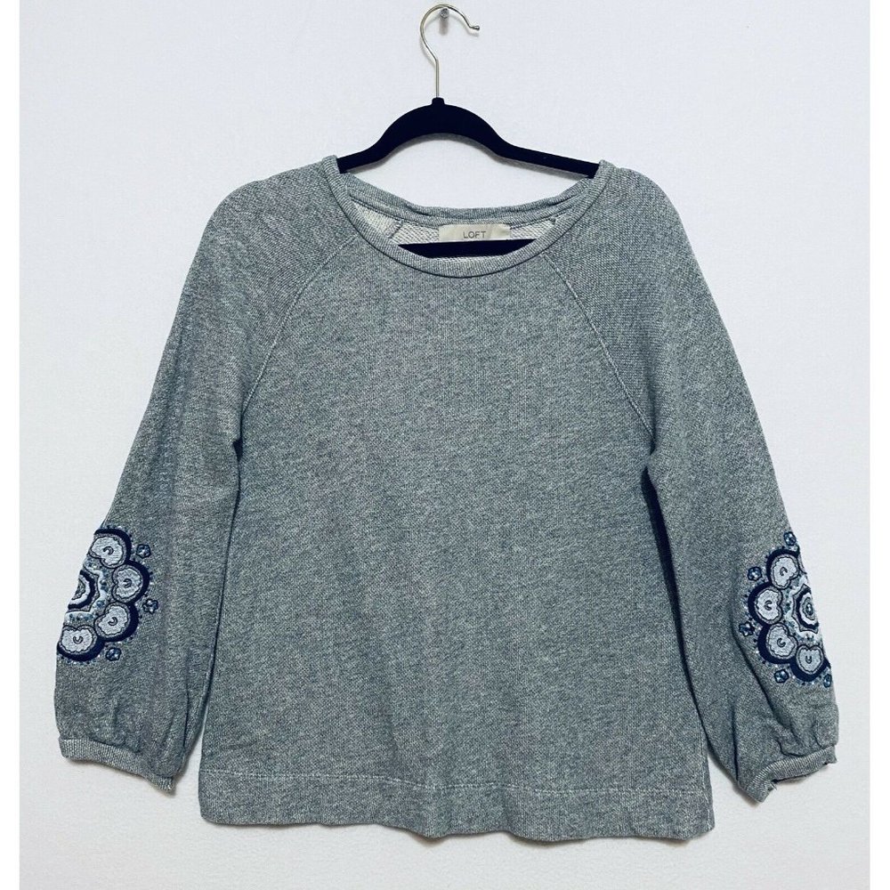 LOFT Womens Gray Embroidered Sleeves Sweater Sweatshirt Cotton Boho